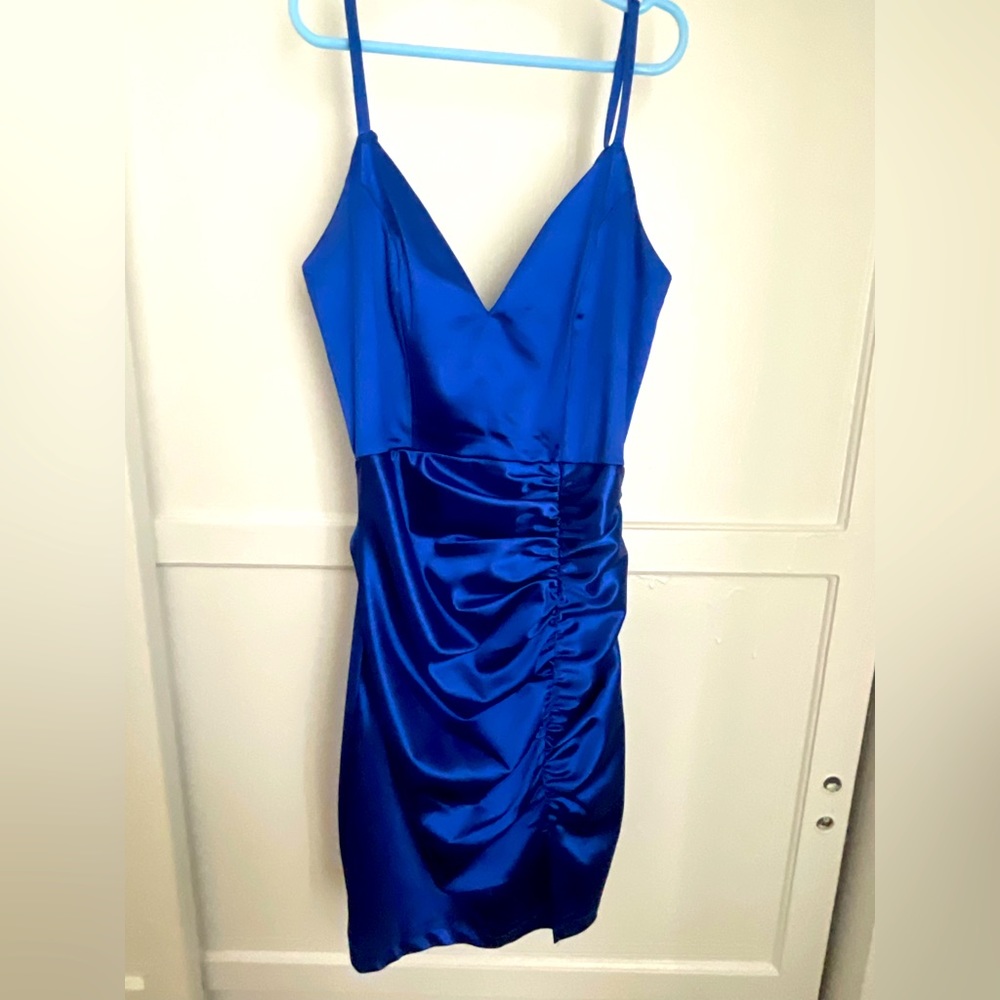 Spaghetti Strap V-Neck Ruched Satin Bodycon Dress